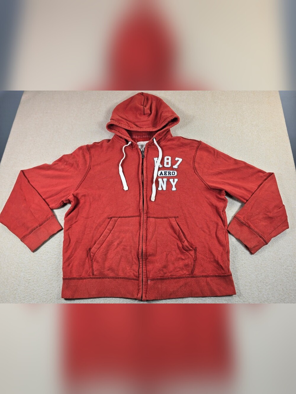 Y2K Aeropostale Red Zip Hoodie XL Distressed Faded Grunge AERO NY